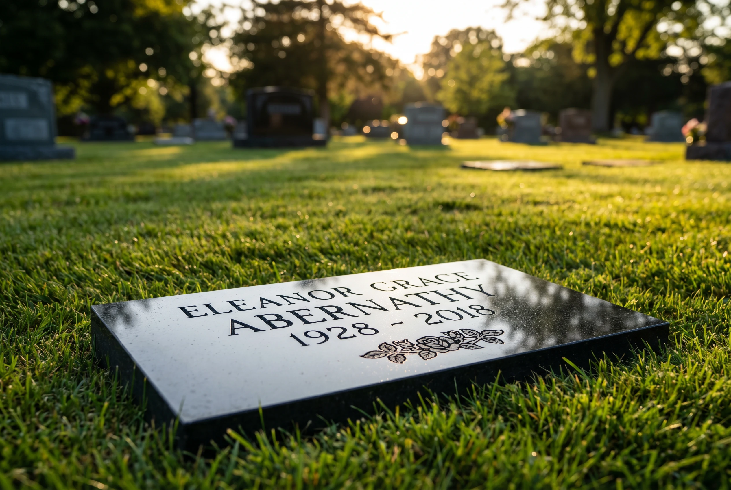 Flat bronze and granite memorial marker installed in cemetery lawn