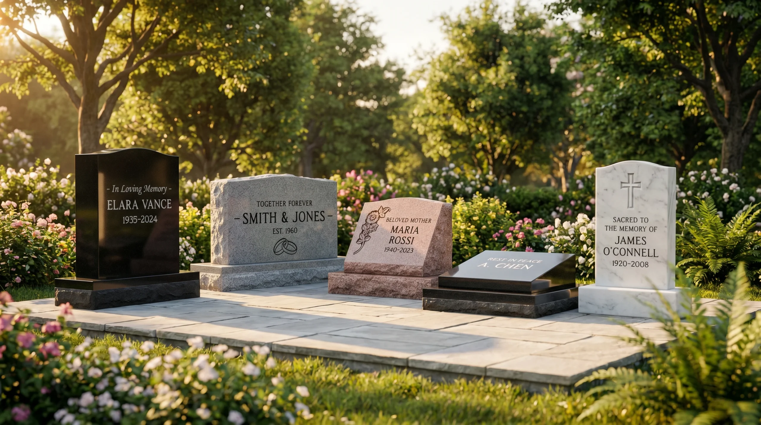Collection of upright granite memorial monuments in a showroom setting