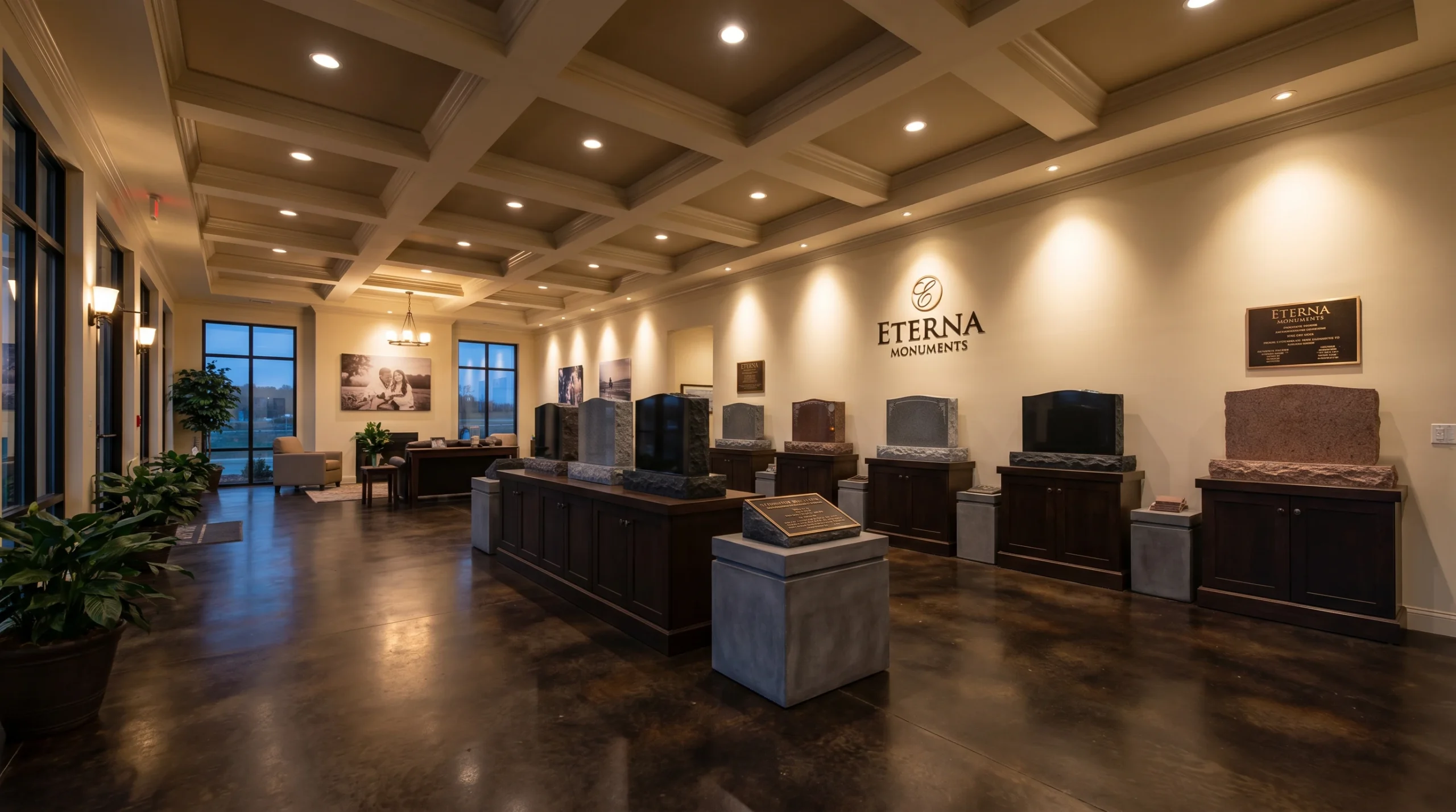 Premium upright granite monument display inside a memorial showroom