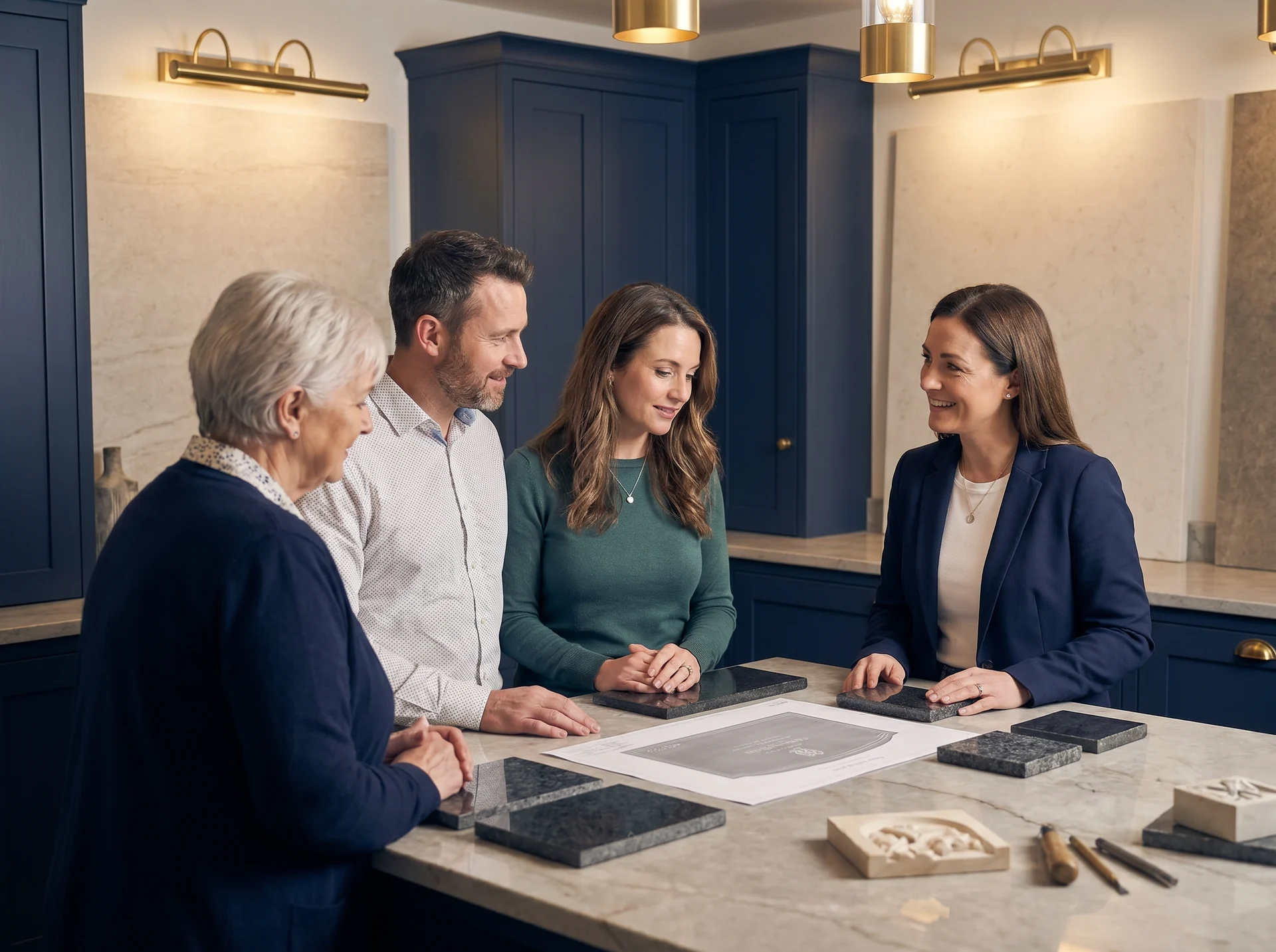 Family reviewing memorial design proof and stone samples