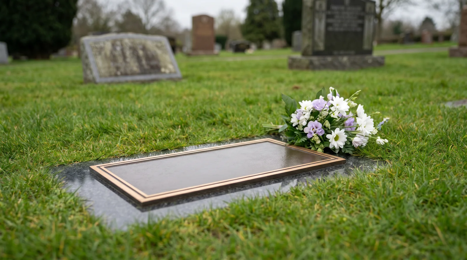 Bronze and granite flat marker placed in manicured cemetery grass