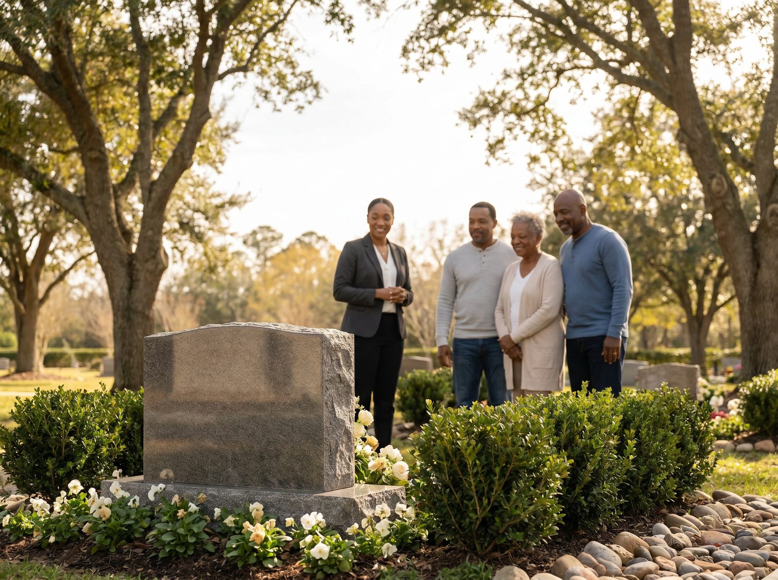 Completed granite memorial placement with a Greater Atlanta family and consultant in a peaceful cemetery setting
