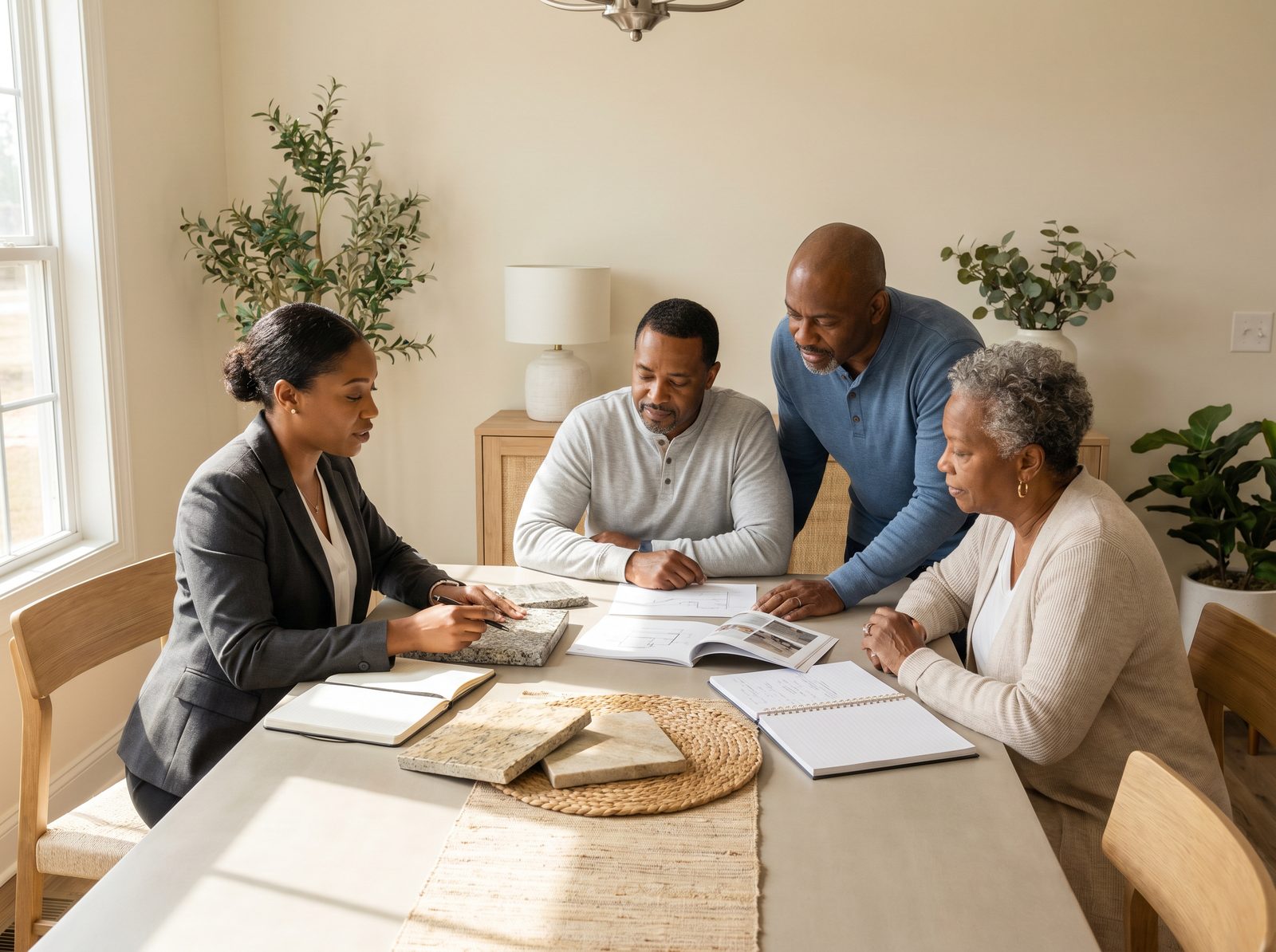 African American memorial consultant reviewing granite memorial samples with a Greater Atlanta family at home