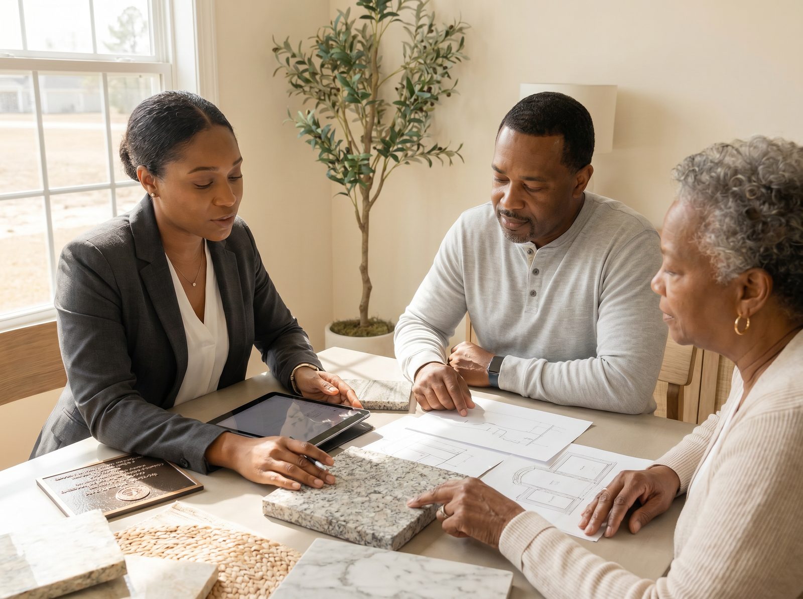 African American consultant and family reviewing memorial design plans and stone samples