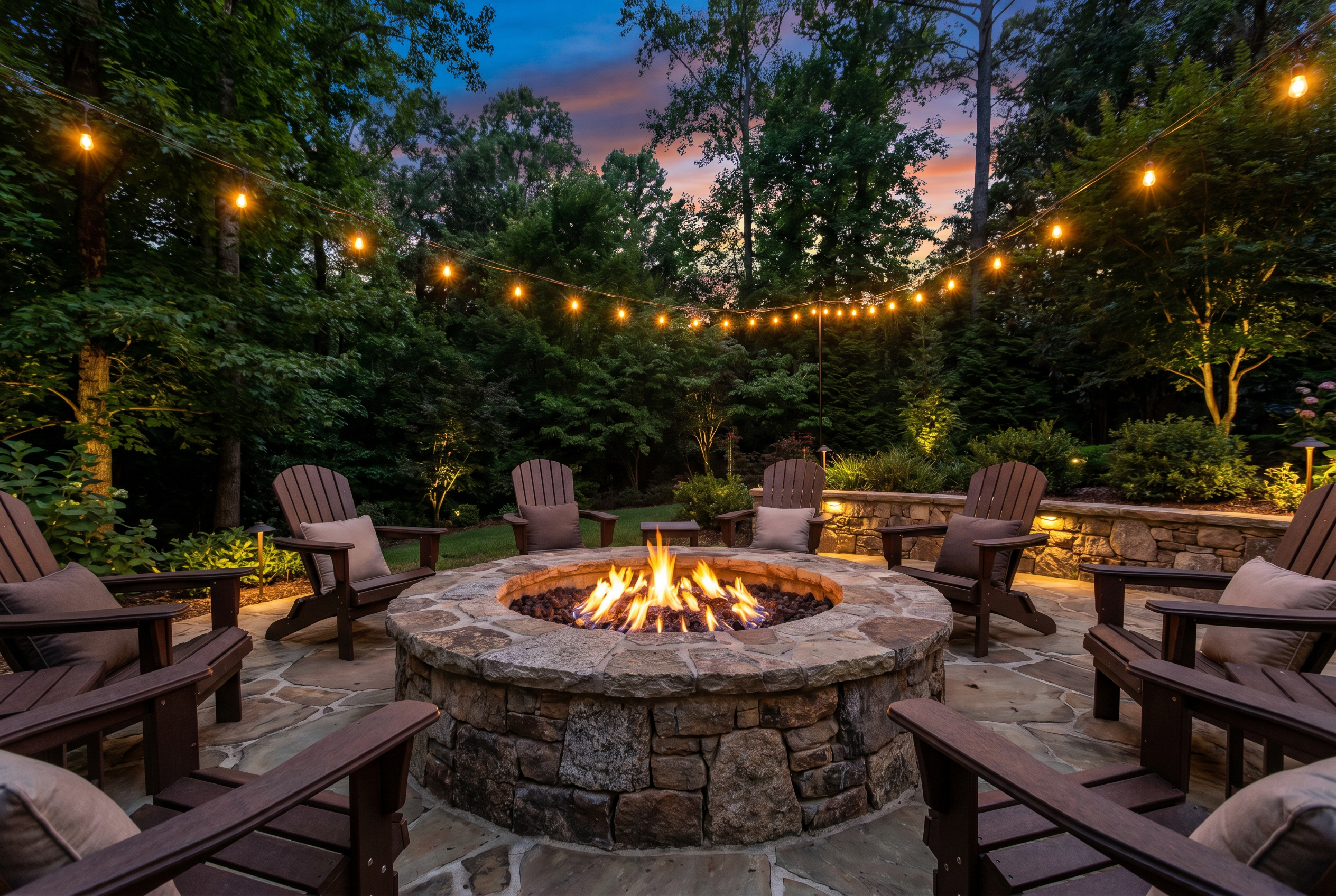 Stone fire pit at dusk