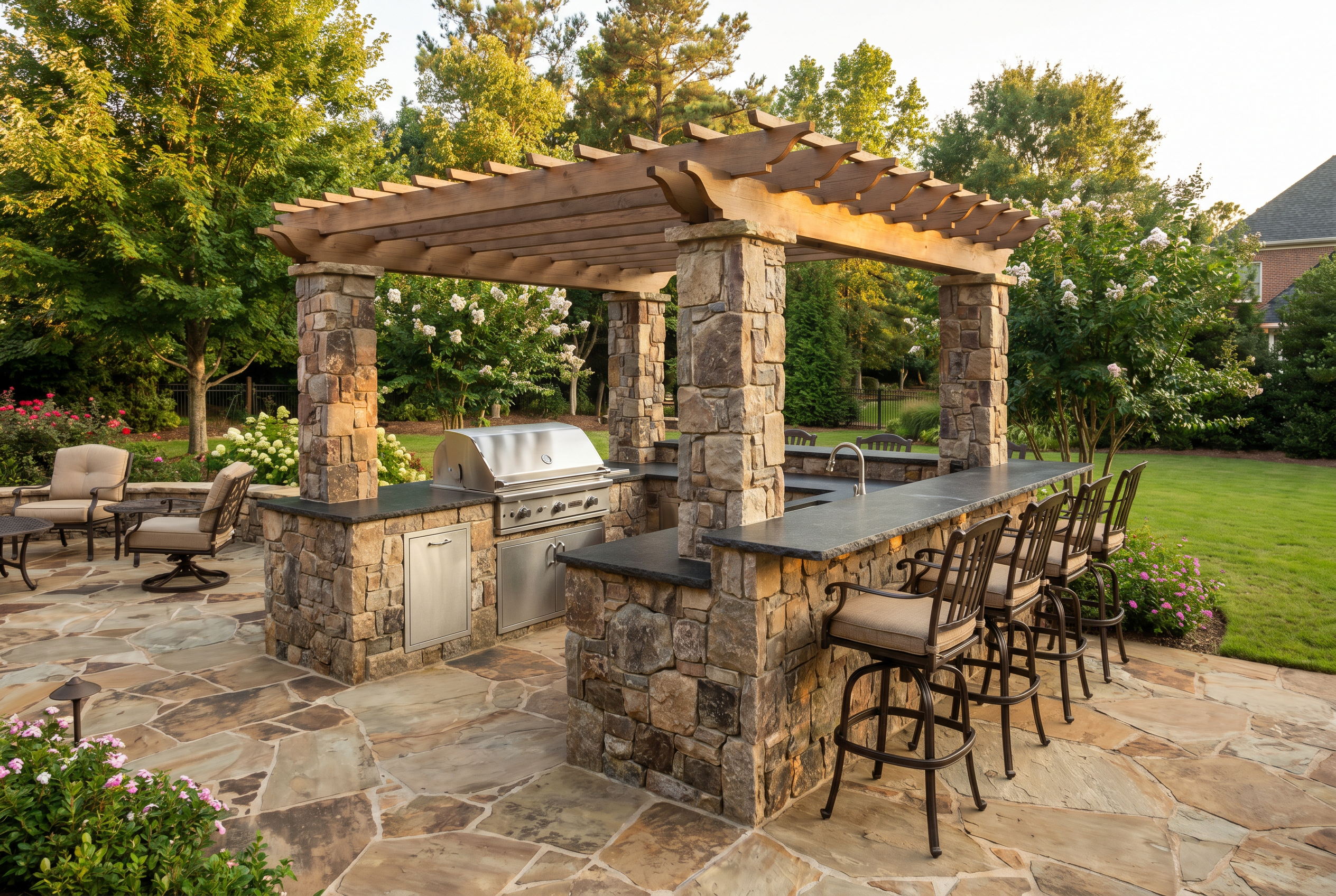 Outdoor kitchen with stone construction