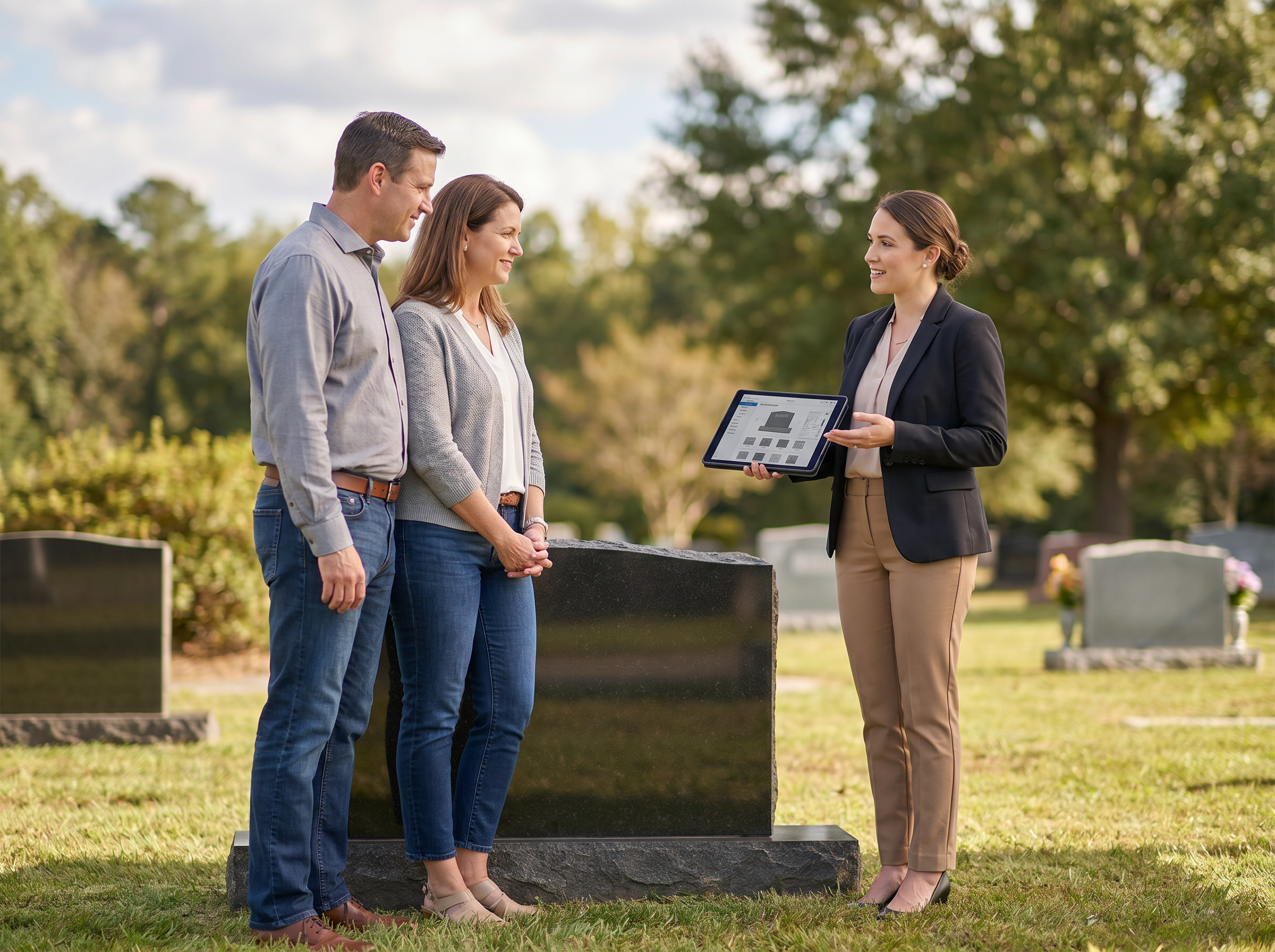 Memorial consultant guiding a family through a monument consultation in a peaceful cemetery setting
