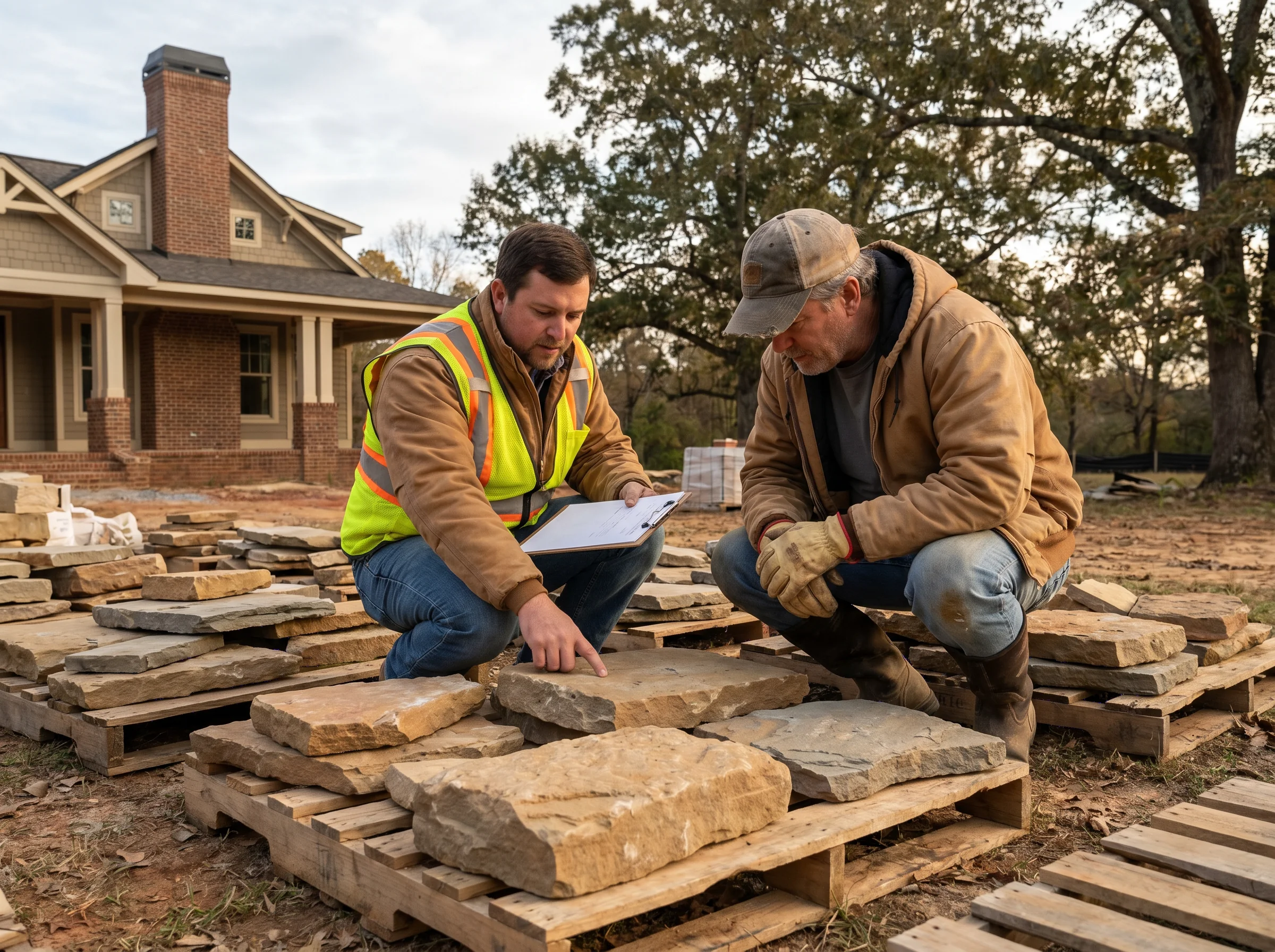 Contractors reviewing stone materials