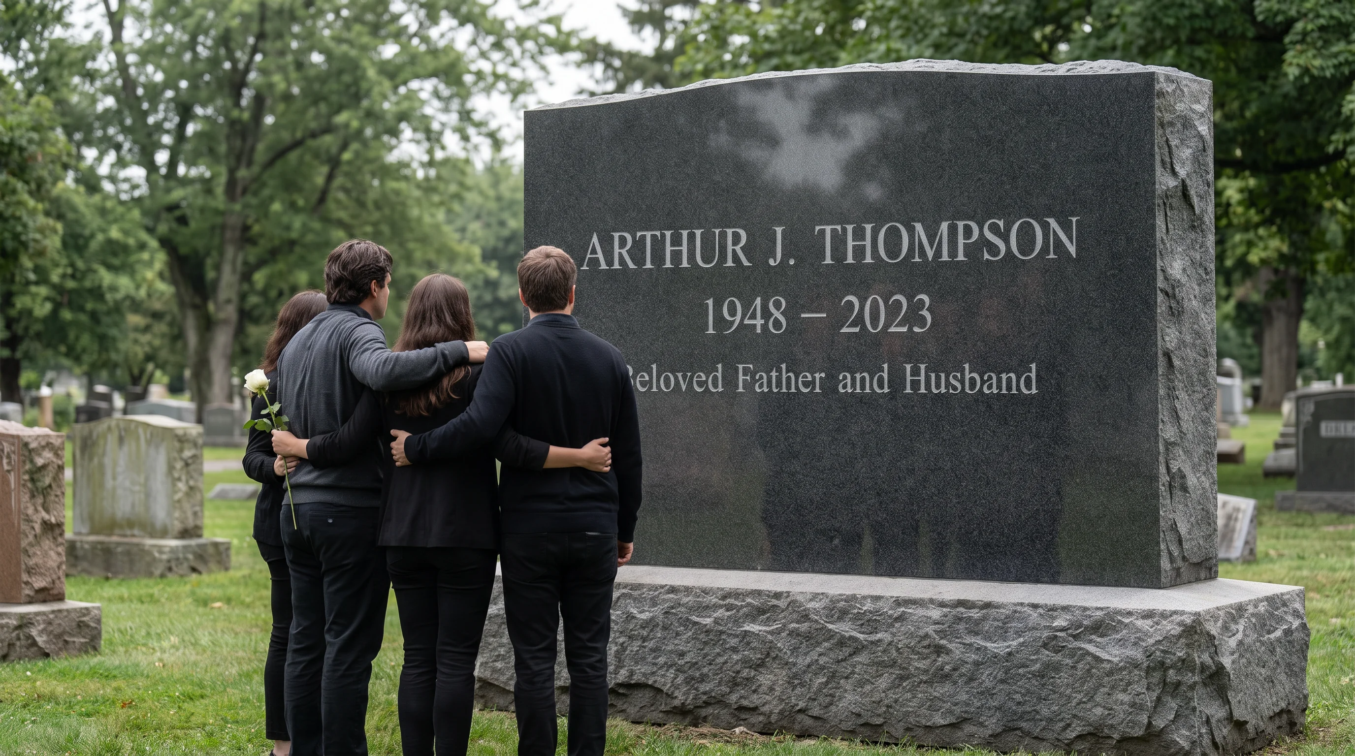 Family beside a full-height monument